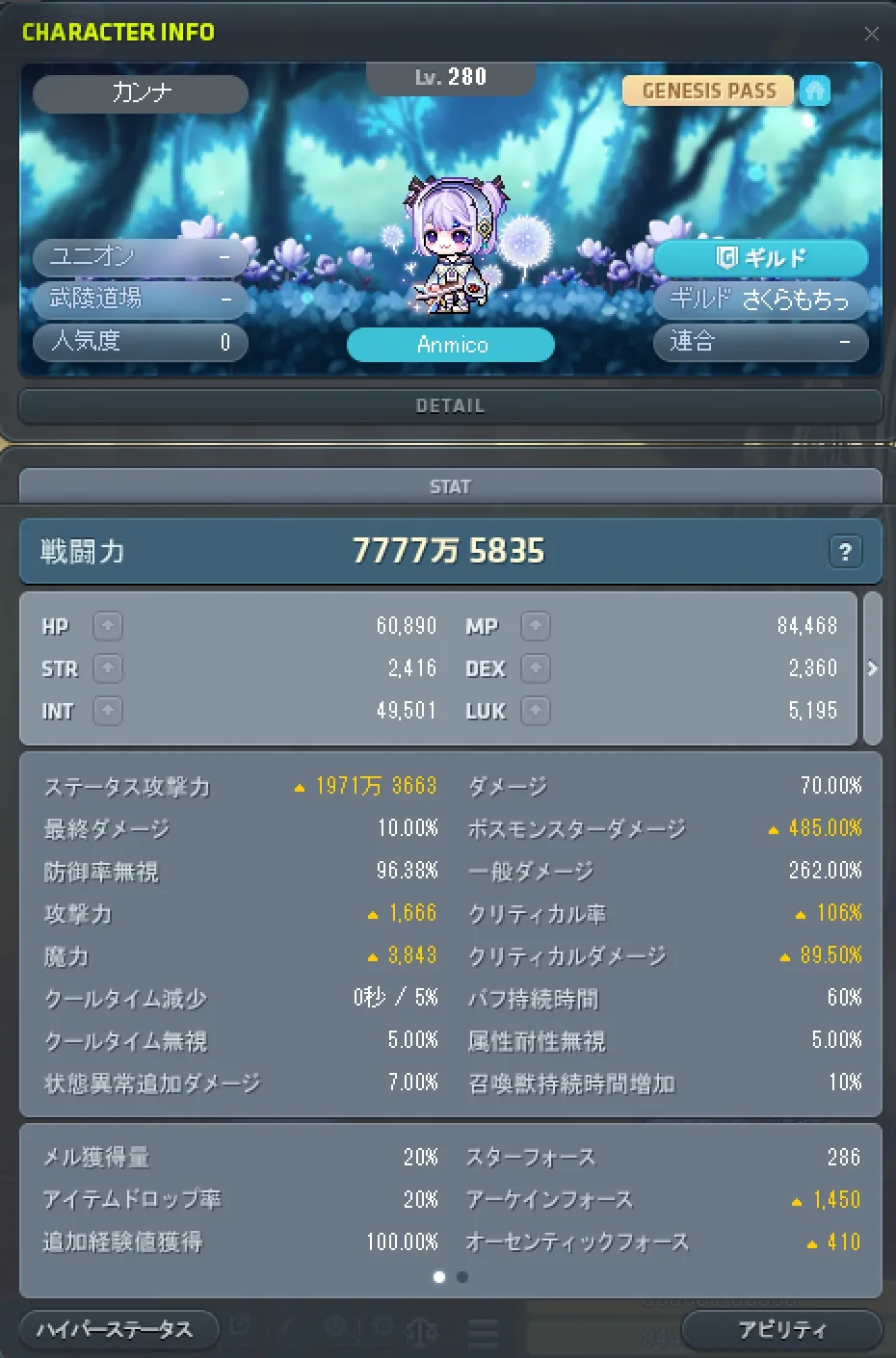 チャレンジャー到達時のステータス画面。戦闘力7,777万5835・ボスモンスターダメージ485%・防御率無視96.38%
