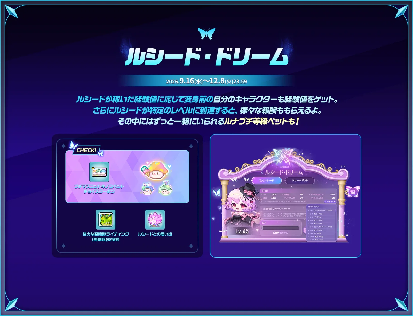 ルシード・ドリームのUI。私のルシードのステータスとレベルボーナス、ドリームギフトの中にプチマスコットキノコペット・強力な召喚獣ライディング・ルシードとの思い出