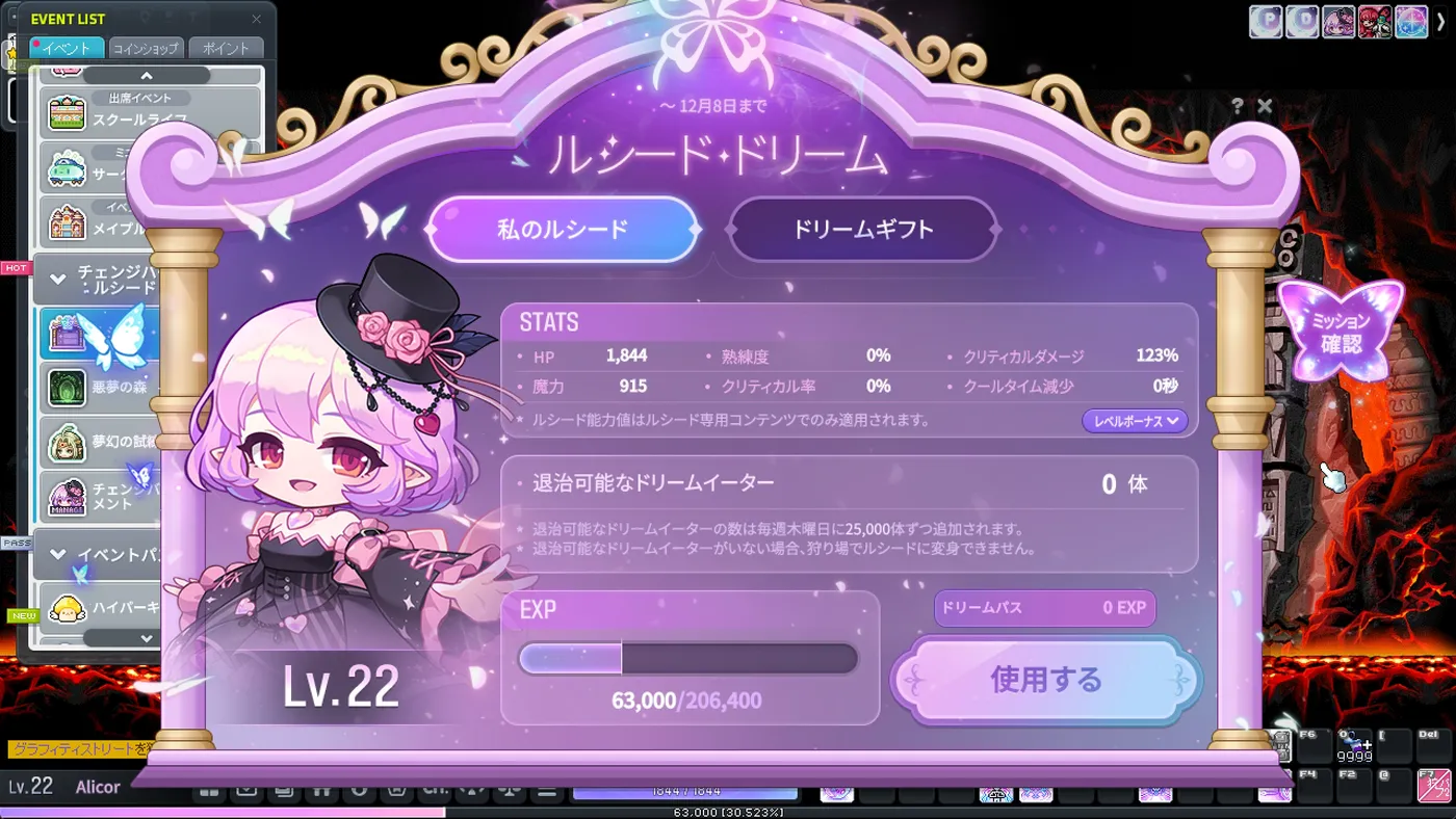 初日の終わりのルシード・ドリーム。Lv22・HP1,844・魔力915