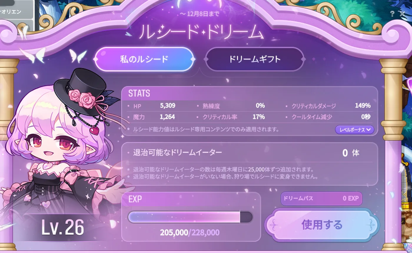 1週目の終わりのルシード・ドリーム。Lv26・HP5,309・魔力1,264
