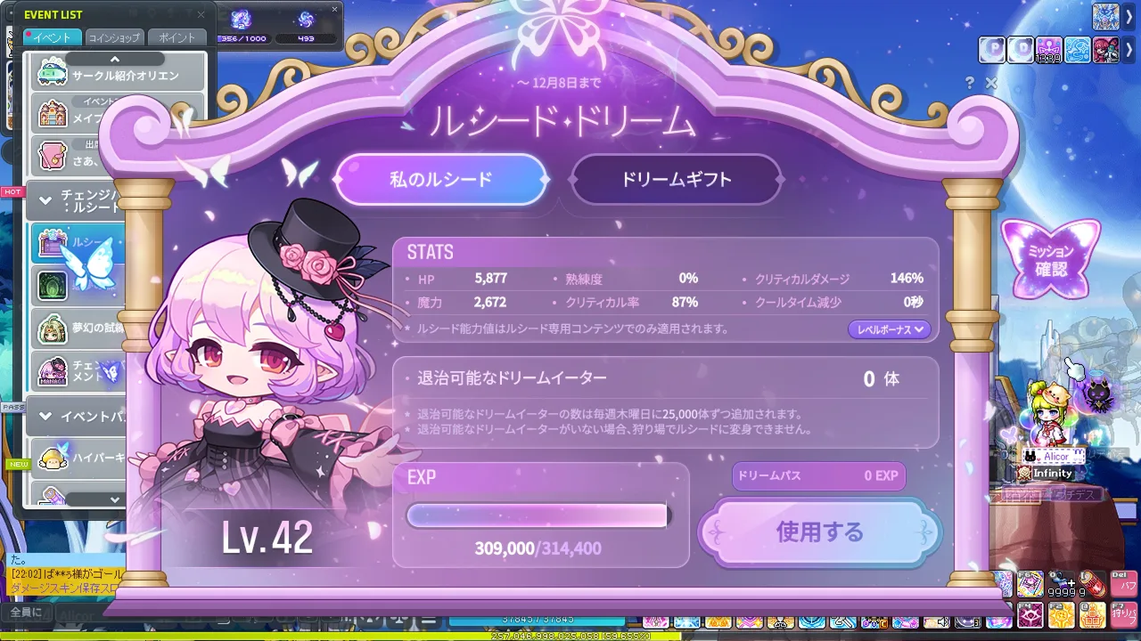 2週目の4日目のルシード・ドリーム。Lv42・経験値309,000／314,400・HP5,877・魔力2,672・クリティカル率87%・クリティカルダメージ146%