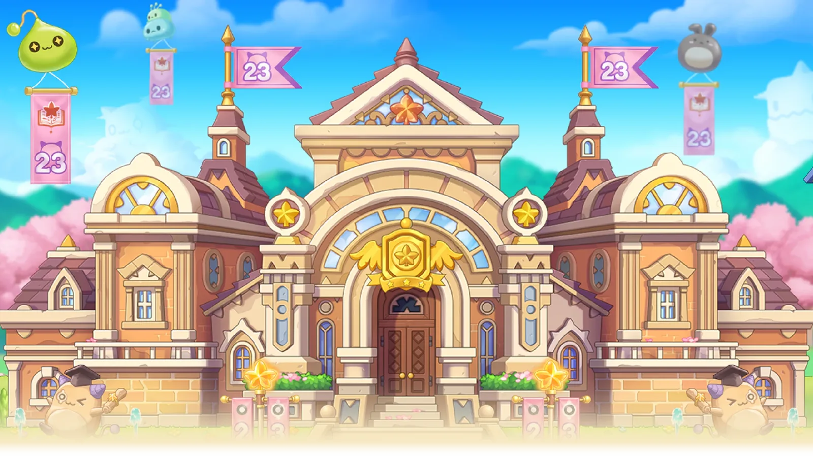 メイプル学園の校舎。23の旗が立つ校門の前にピンクビーンの学園長が待っている